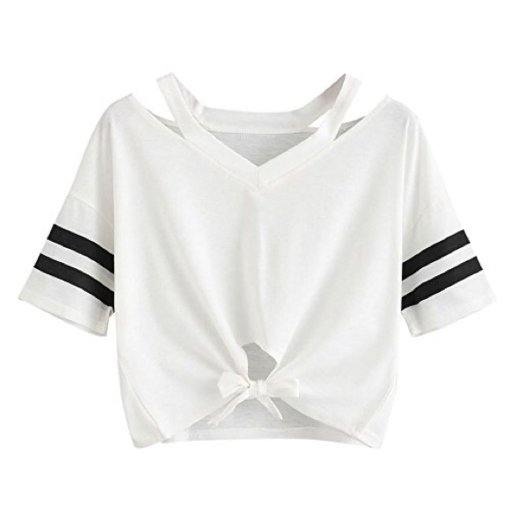 [Brandless] Striped White Crop Top w/ Front Knot